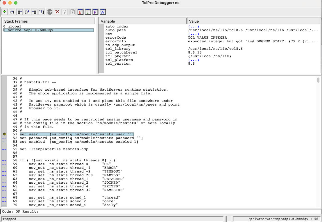 nsstats startpage from TclPro Debugger